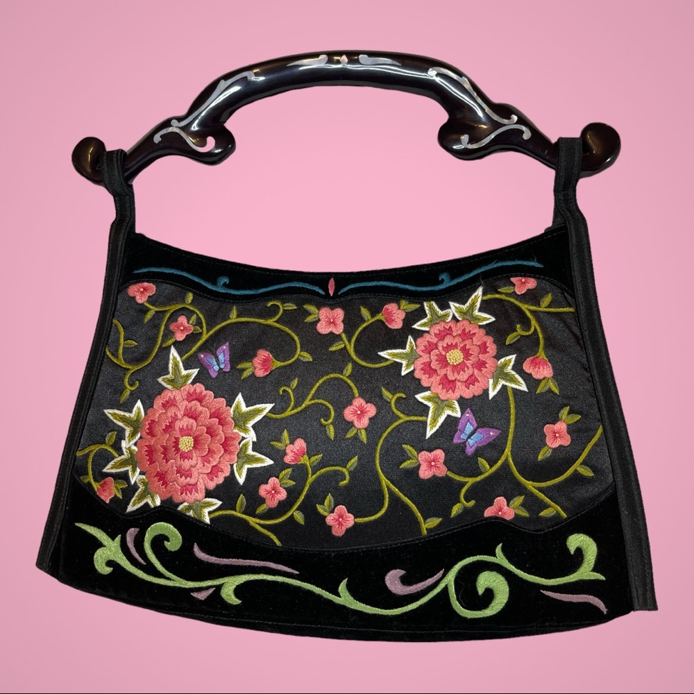Papillon Athiro Domen for Lageyre Black Velvet Silk Embroidered Vintage Handbag